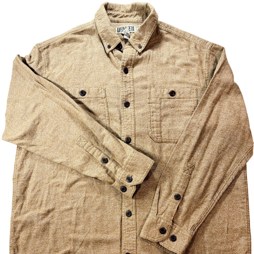 Duluth Trading Co Button Down Shirt Mens L Relaxed Fit Tan 100% Cotton